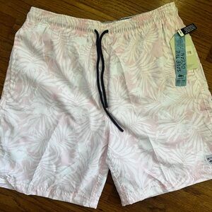 NWT Spicy Tuna Men's Pale Pink Tropical Flamingo Print Swim Trunks - SPF 50